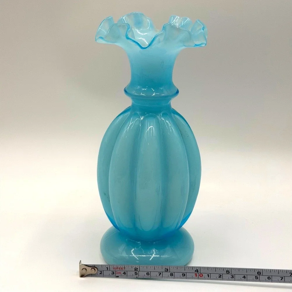 Vintage Blue Opalescent Milk Glass Ribbed Melon Vase Ruffled Rim 8.5 Inch MCM
